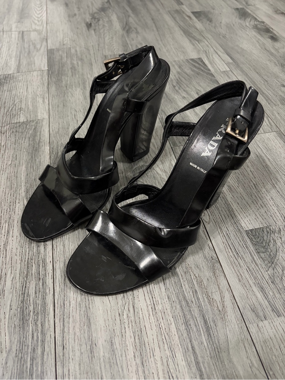 Prada Black Patent Leather T-Strap Block Heels